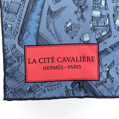 Hermes Silk Twill La Cite Cavaliere Scarf 90 Bleu Jean Rose Gris 2 of 4