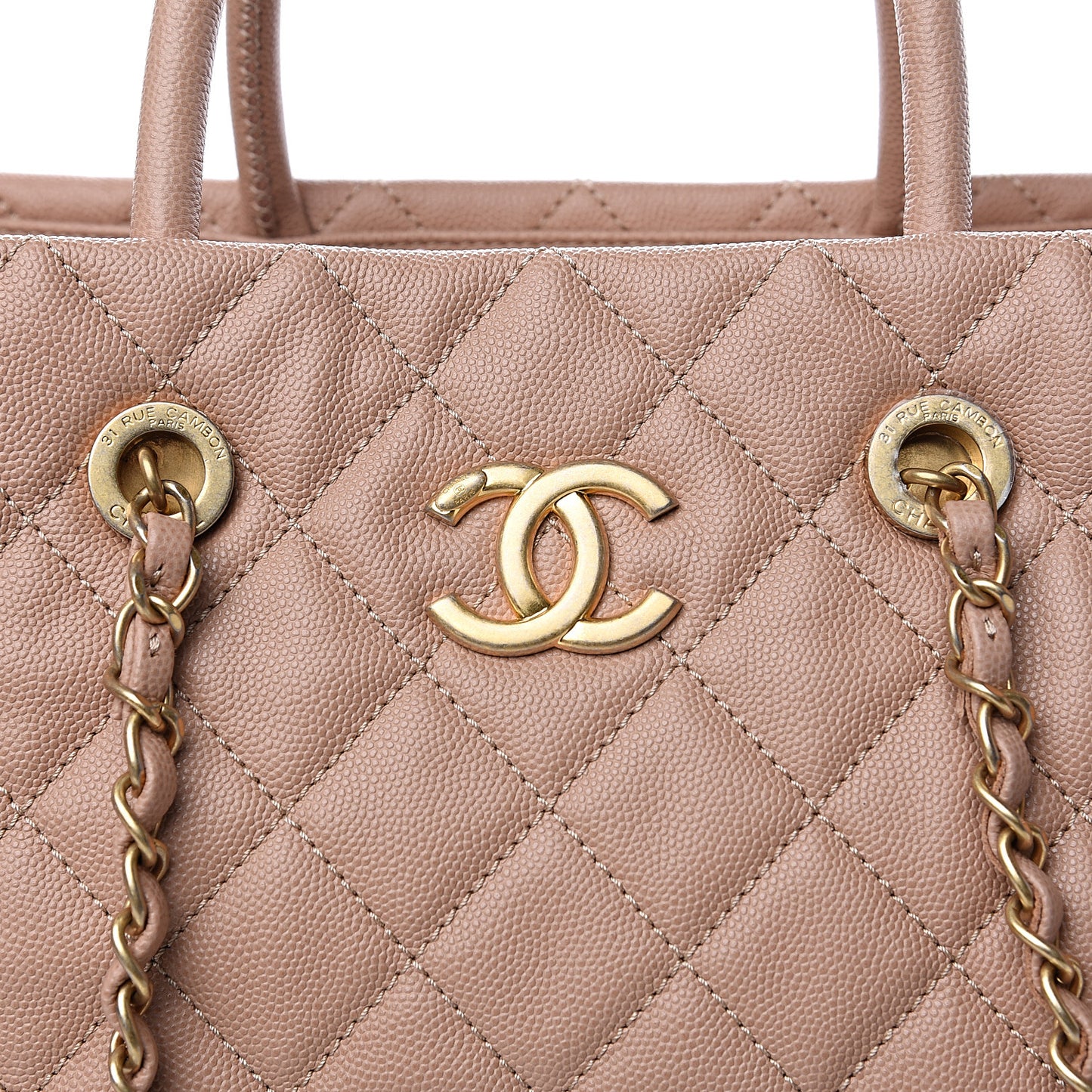 Caviar Quilted Large Coco Handle Shopping Tote Beige