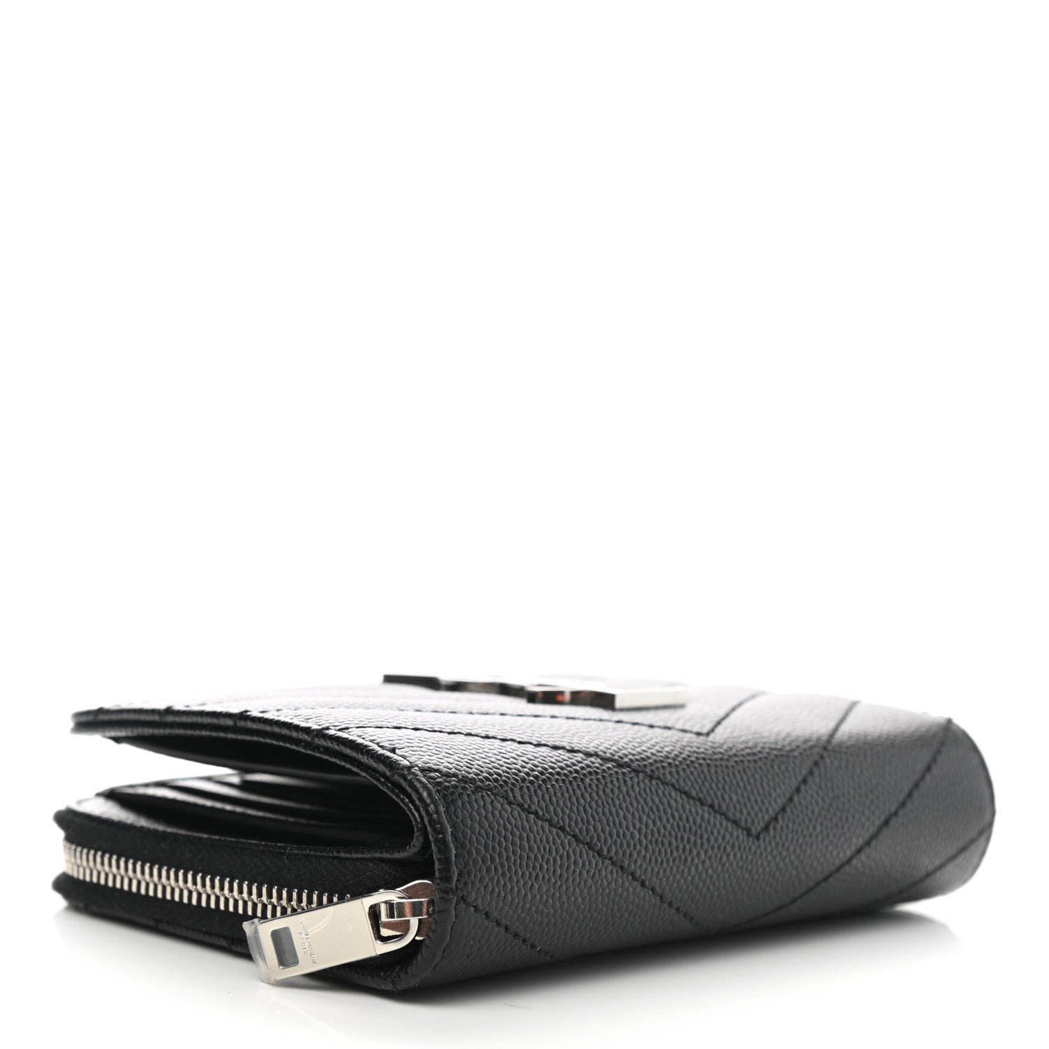 Saint Laurent Grain De Poudre Matelasse Chevron Monogram Compact Zip Around Wallet Black 4 of 9