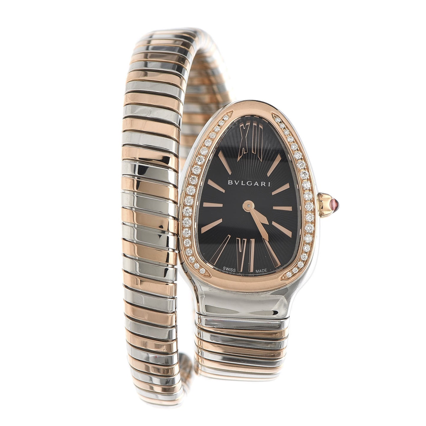 Stainless Steel 18K Rose Gold Diamond Bezel 35mm Serpenti Tubogas Quartz Watch Black
