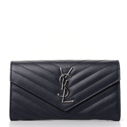 Saint Laurent Grain De Poudre Matelasse Chevron Monogram Flap Wallet Deep Marine 1 of 6