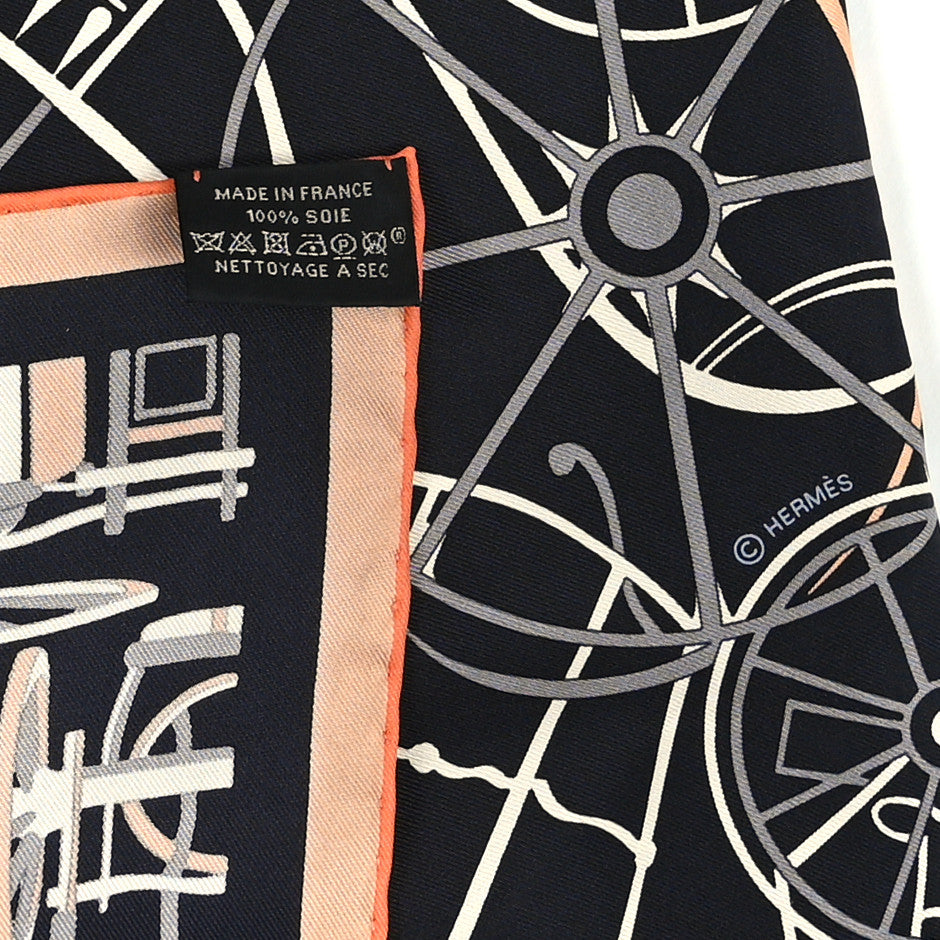 Hermes Silk Complication Equestre Scarf 90 Black Abricot White