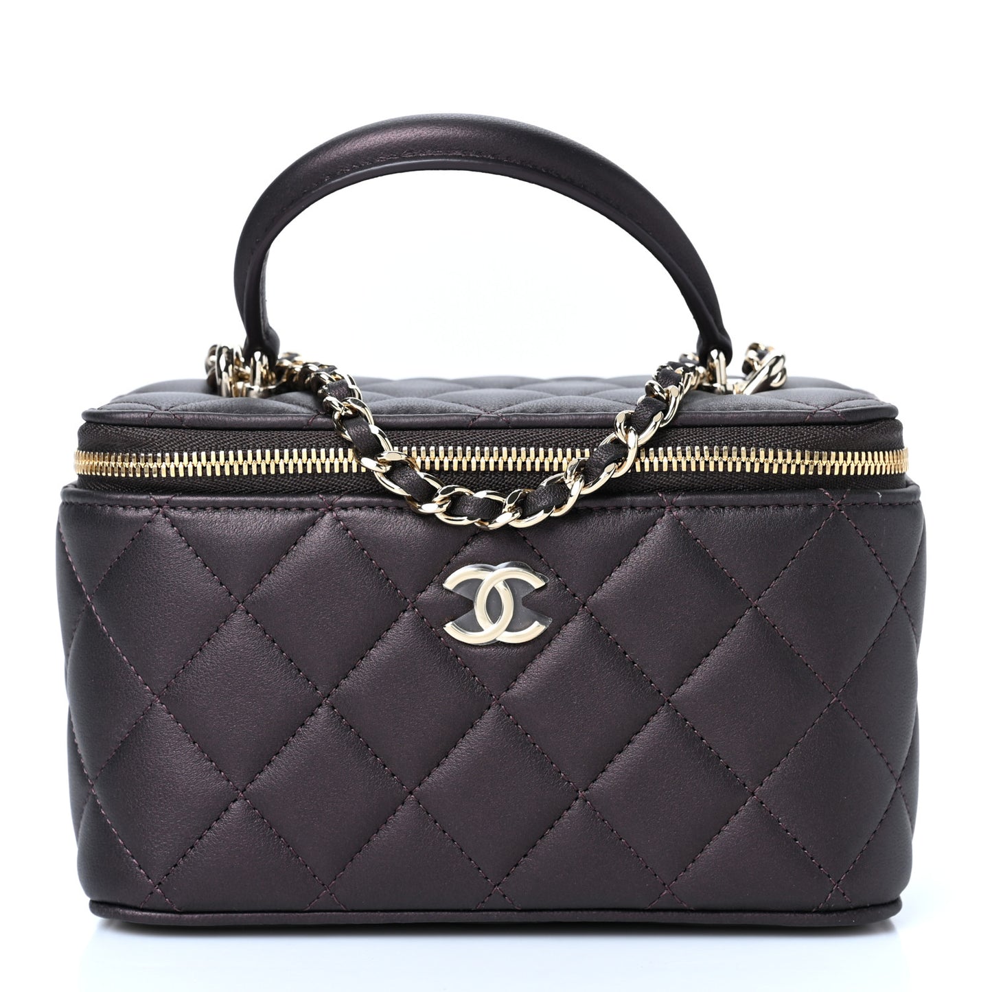 Iridescent Lambskin Quilted Small Top Handle Vanity Case With Chain Burgundy