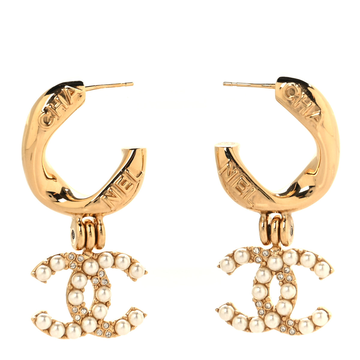 Chanel Metal Crystal Pearl CC Pendant Earrings Gold 1 of 4
