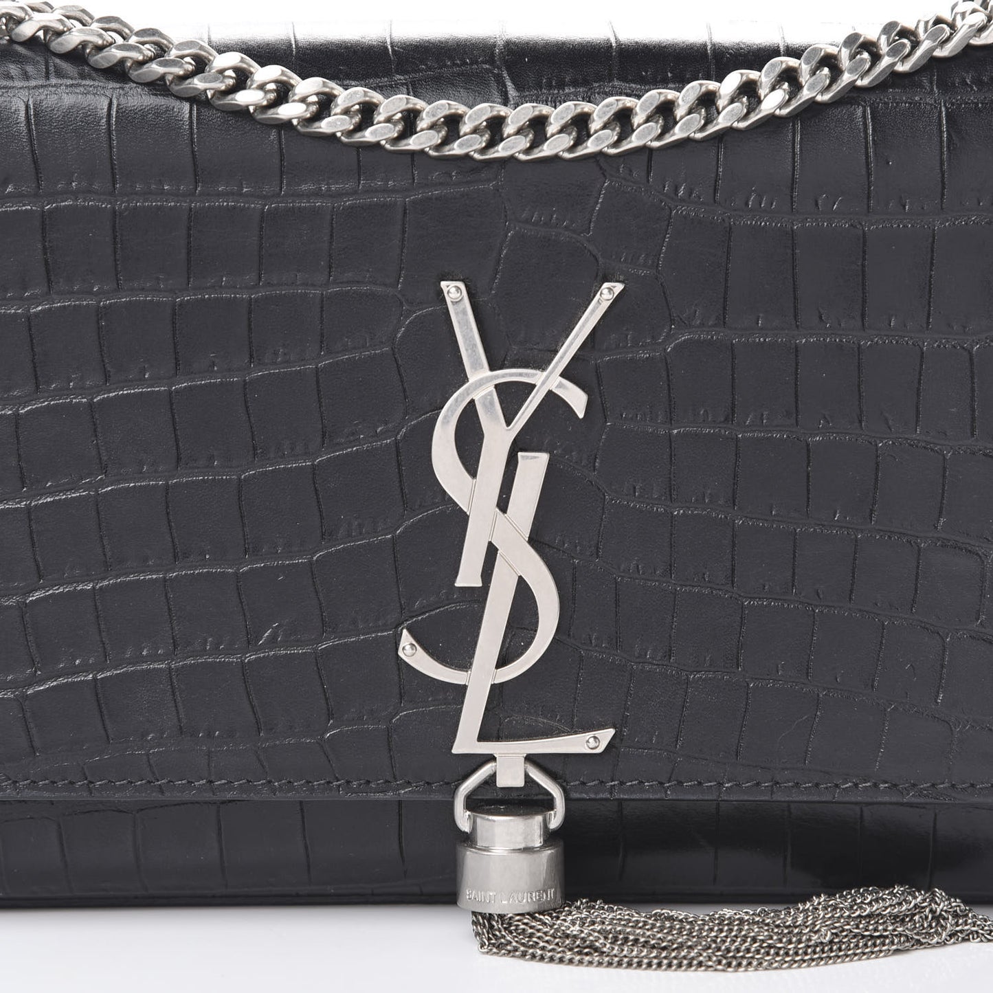 Calfskin Crocodile Embossed Monogram Small Kate Tassel Satchel Black