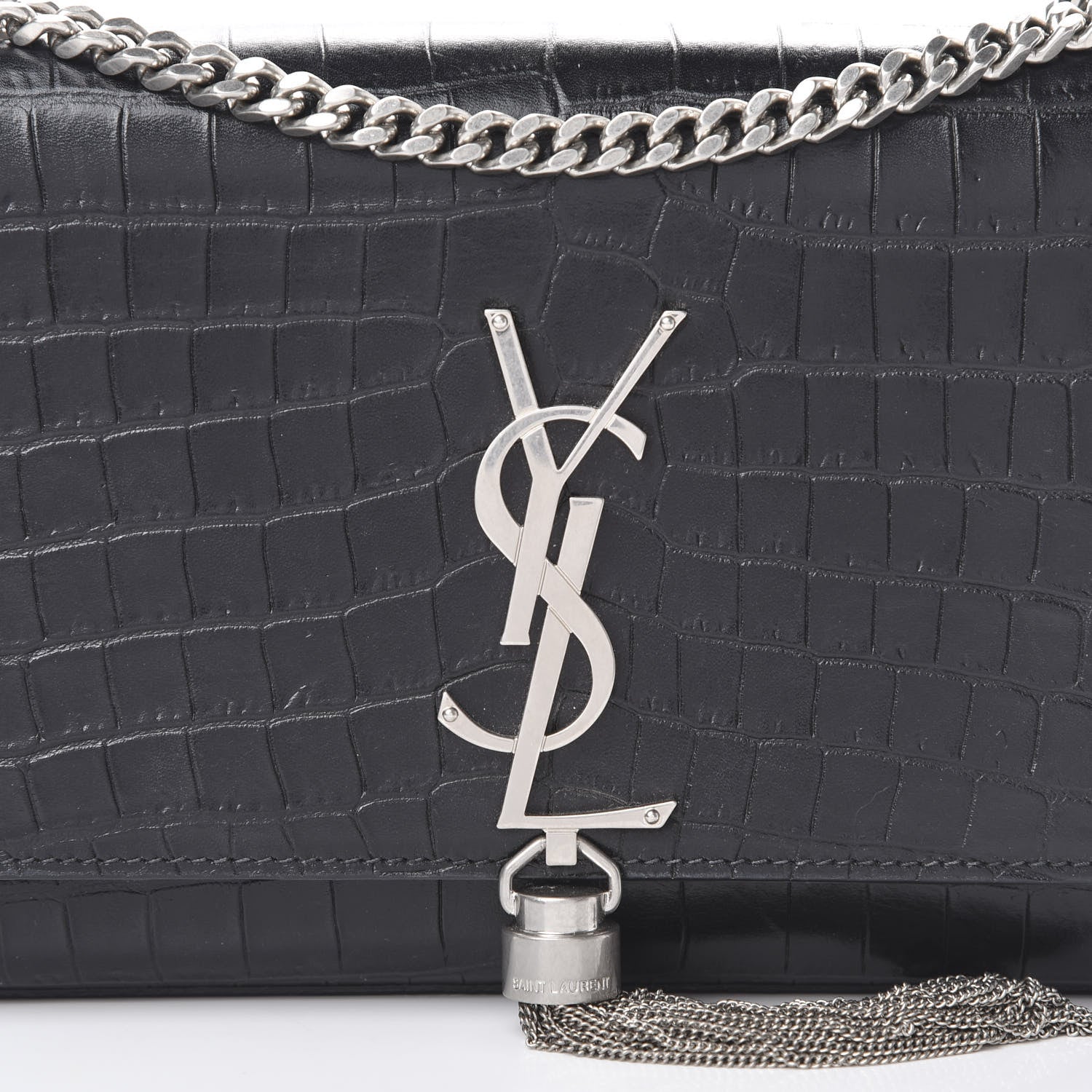 Saint Laurent Calfskin Crocodile Embossed Monogram Small Kate Tassel Satchel Black 7 of 10