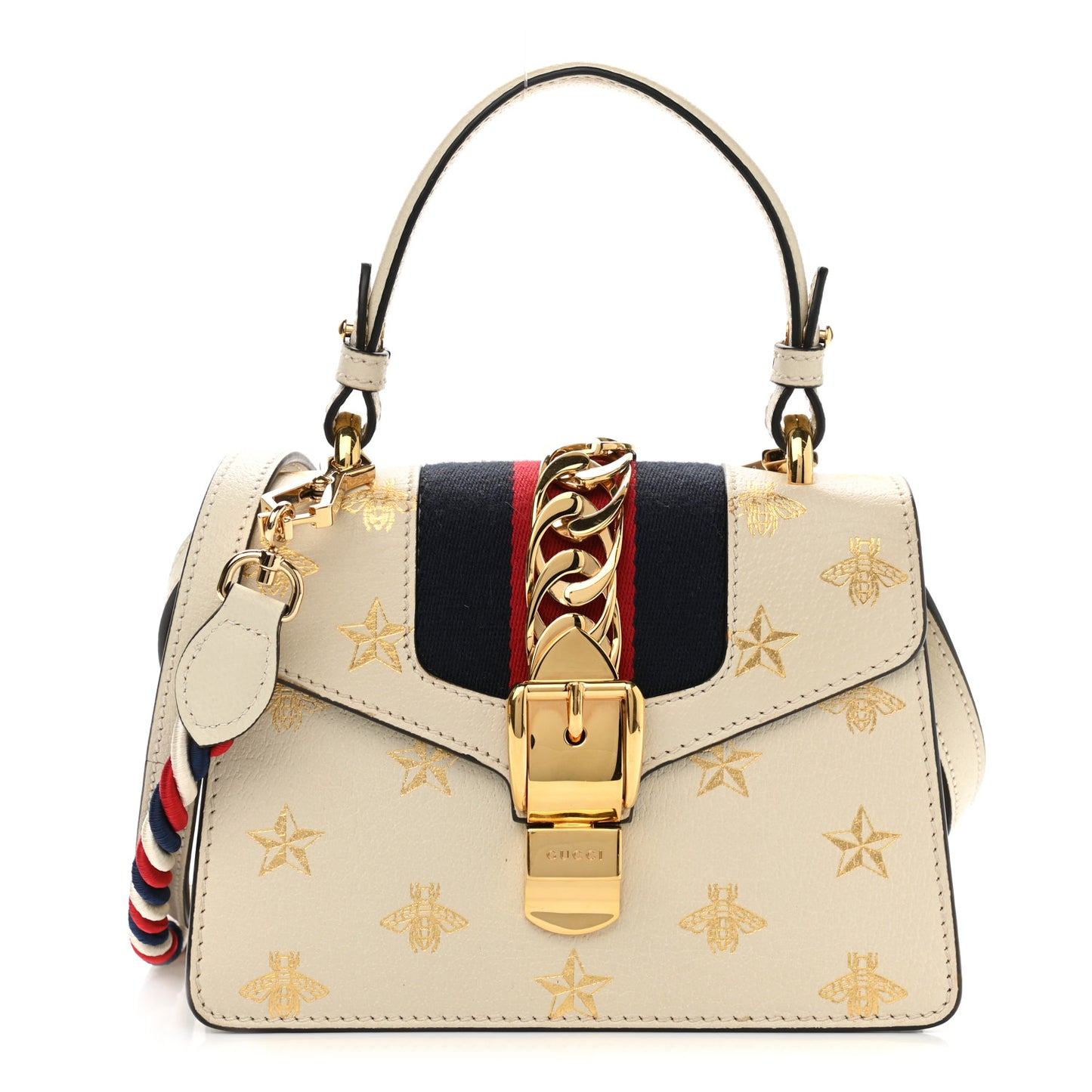 Textured Calfskin Bee Star Print Mini Sylvie Top Handle Bag Mystic White