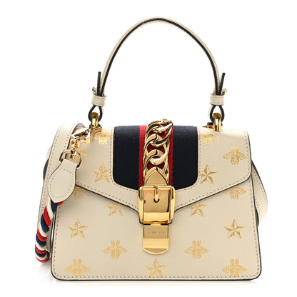 Gucci Textured Calfskin Bee Star Print Mini Sylvie Top Handle Bag Mystic White 1 of 11