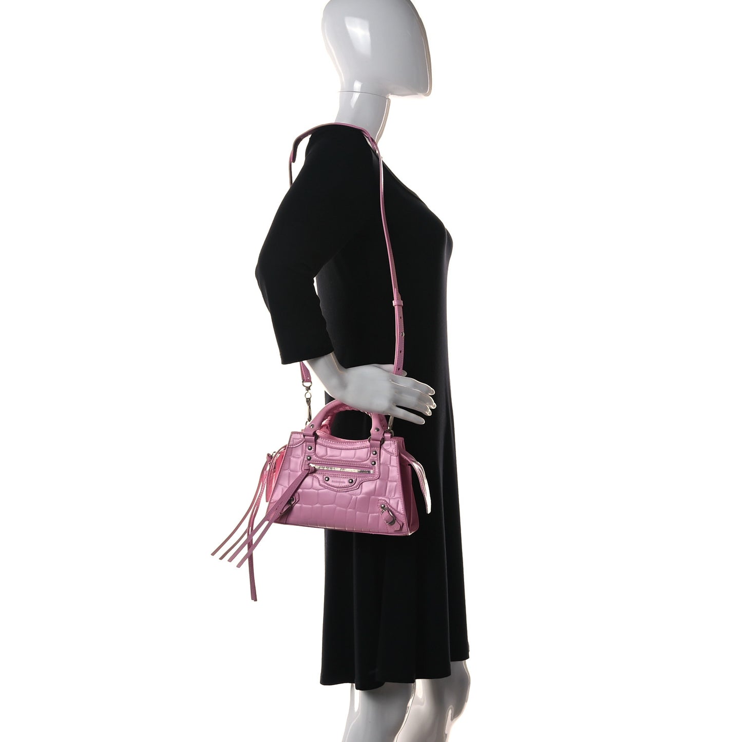 Semi Shiny Calfskin Crocodile Embossed Neo Classic Silver Hardware Mini City Pink