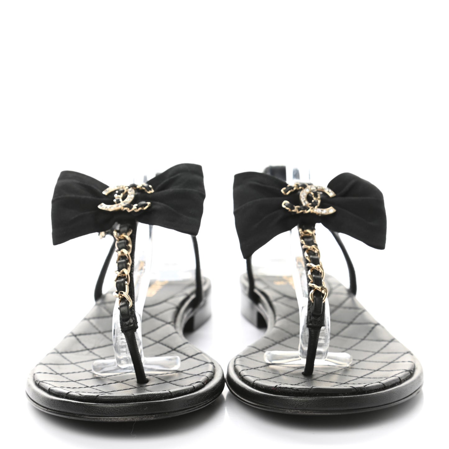 Lambskin Grosgrain Bow CC Chain Thong Sandals 36 Black Gold