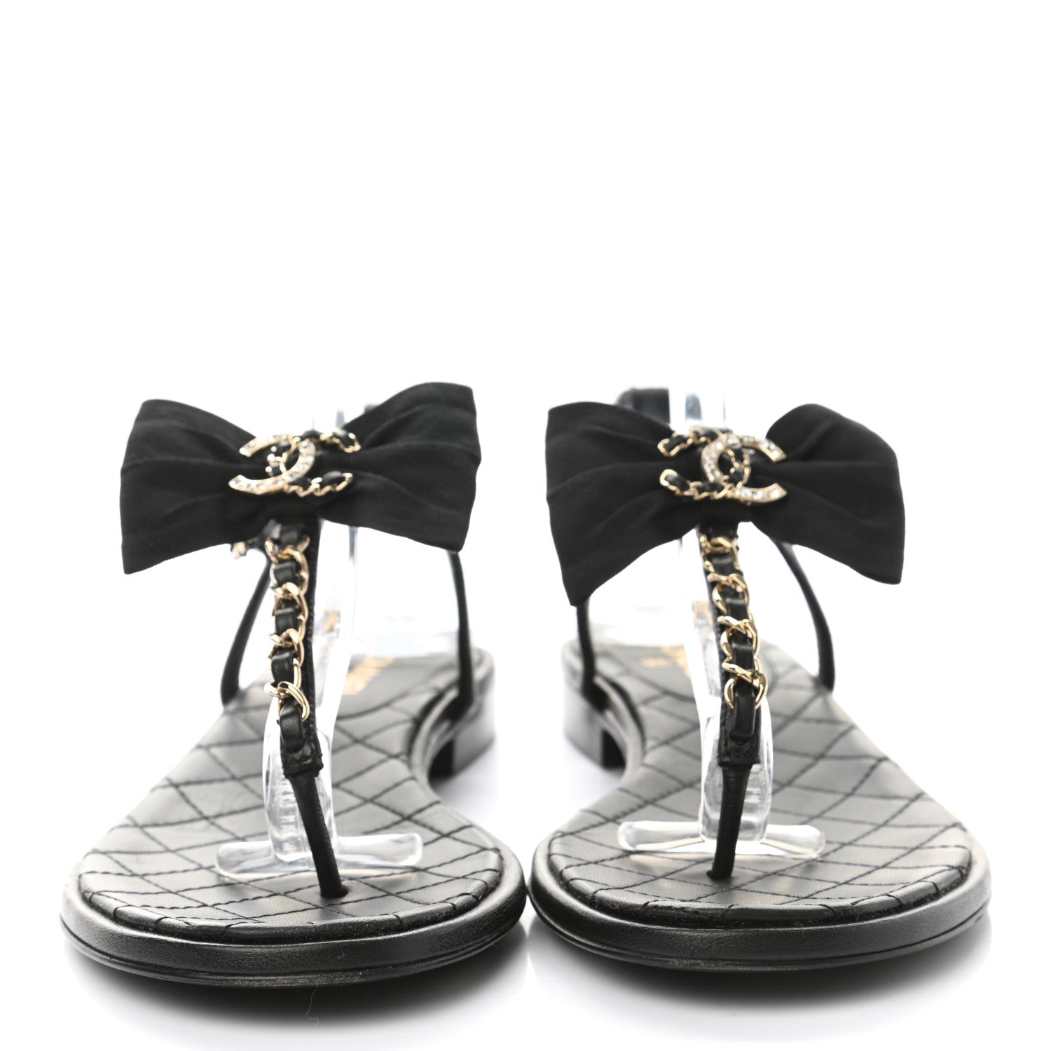 Chanel Lambskin Grosgrain Bow CC Chain Thong Sandals 36 Black Gold 2 of 8