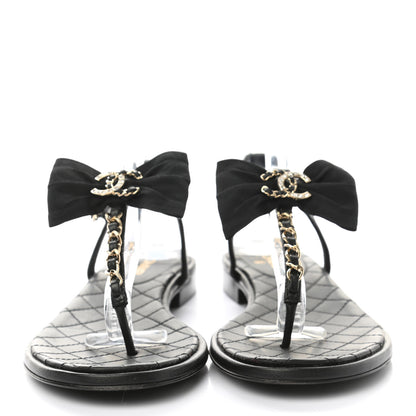 Chanel Lambskin Grosgrain Bow CC Chain Thong Sandals 36 Black Gold 2 of 8