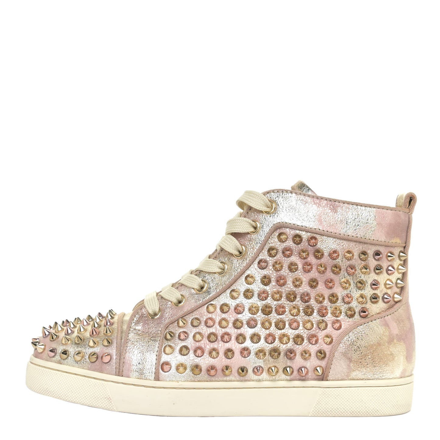 Metallic Crinkled Nappa Womens Louis Spikes Flat Sneakers 38.5 Rose Gold Multicolor