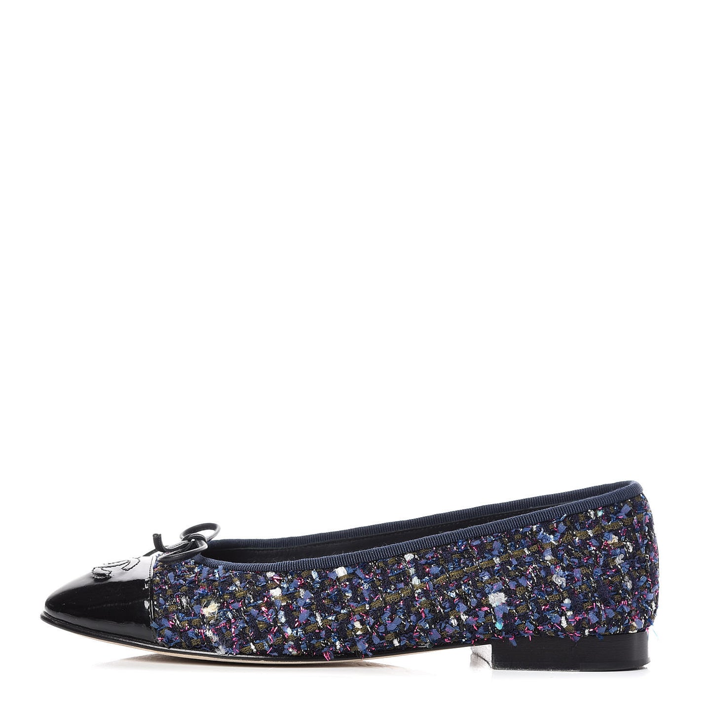 Tweed Patent Calfskin Cap Toe Ballerina Flats 37.5 Blue Pink Black