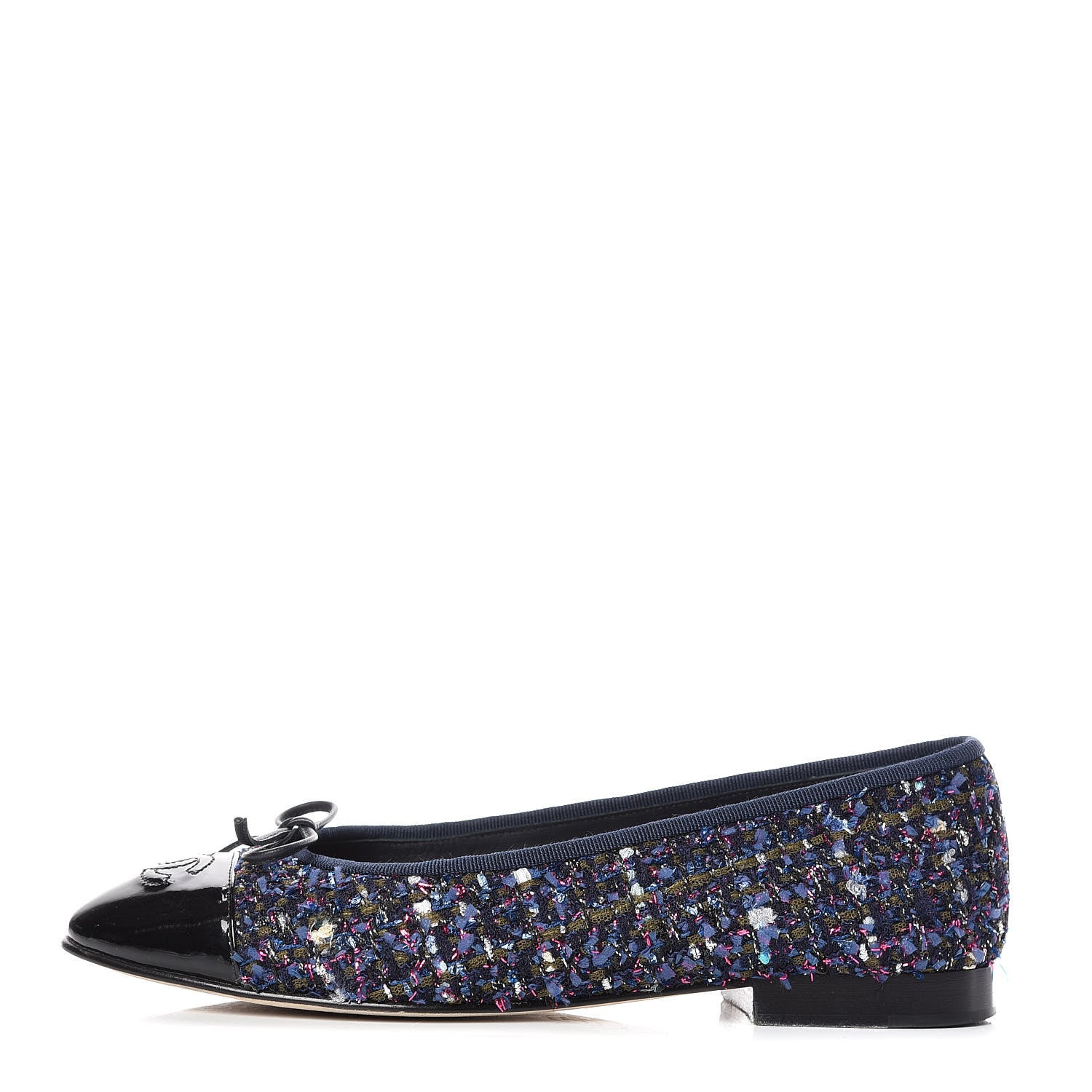 Chanel Tweed Patent Calfskin Cap Toe Ballerina Flats 37.5 Blue Pink Black 1 of 14