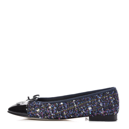 Chanel Tweed Patent Calfskin Cap Toe Ballerina Flats 37.5 Blue Pink Black 1 of 14