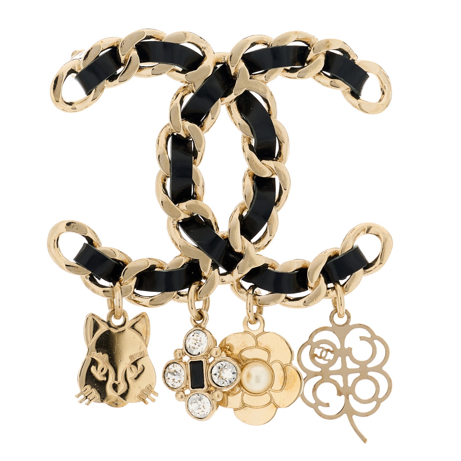 Chanel Lambskin Crystal Chain CC Charms Brooch Black Gold 1 of 3