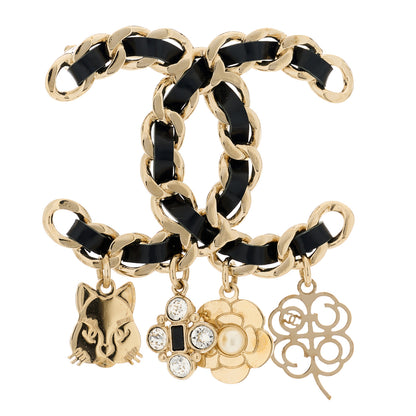 Chanel Lambskin Crystal Chain CC Charms Brooch Black Gold 1 of 3