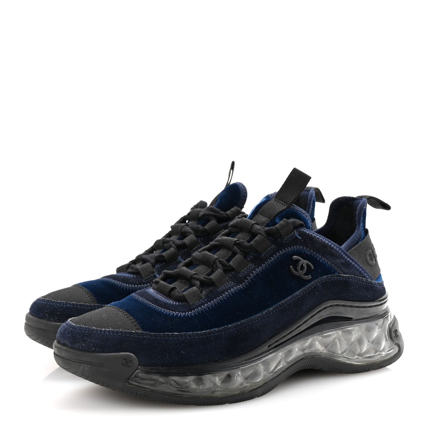 Chanel Suede Calfskin Velvet Grosgrain CC Sneakers 37 Navy Blue Black 4 of 10