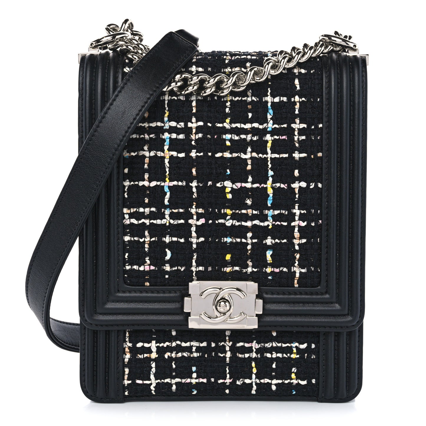 Calfskin Tweed Quilted North South Boy Flap Black