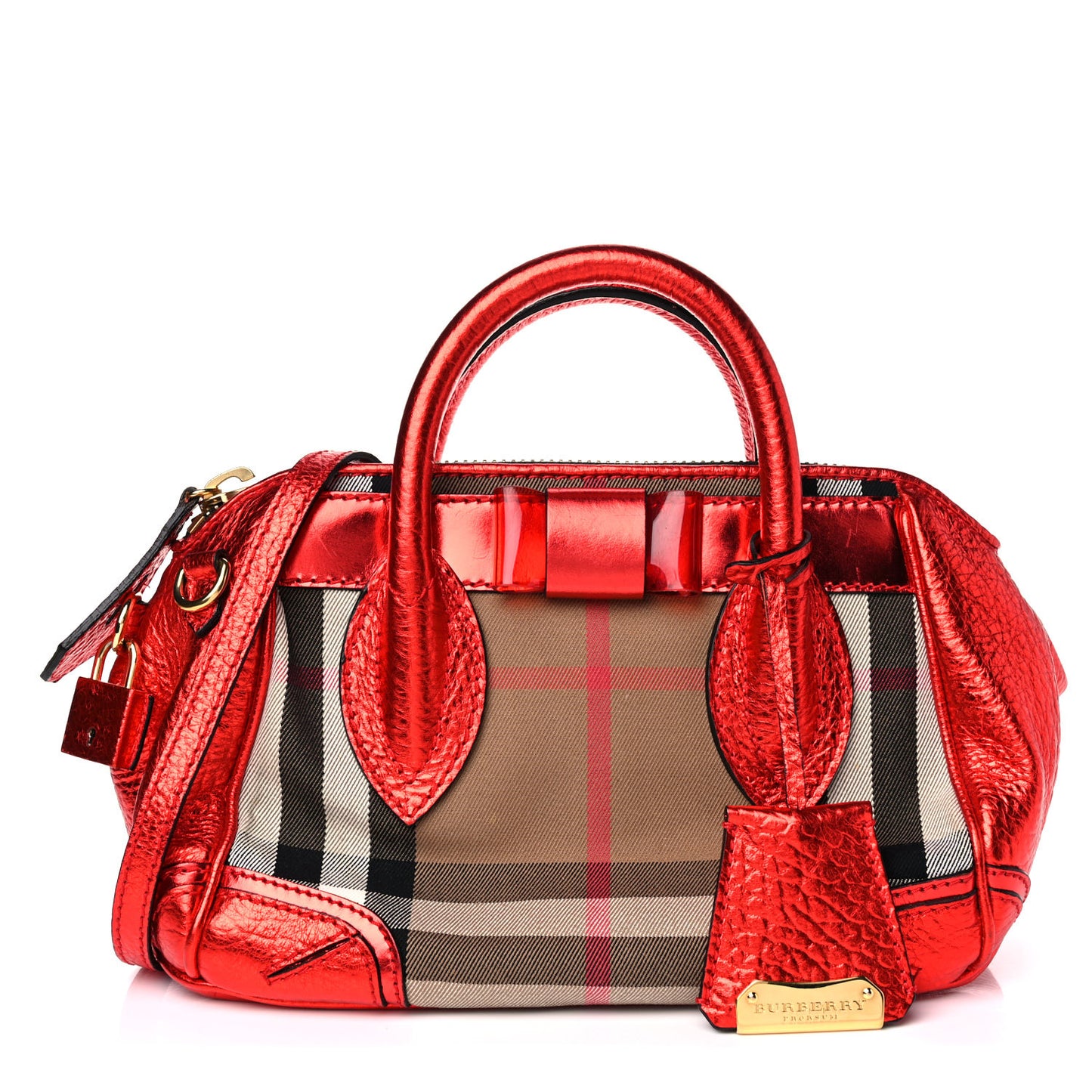 Prorsum Metallic Calfskin House Check Small Blaze Satchel Cadmium Red