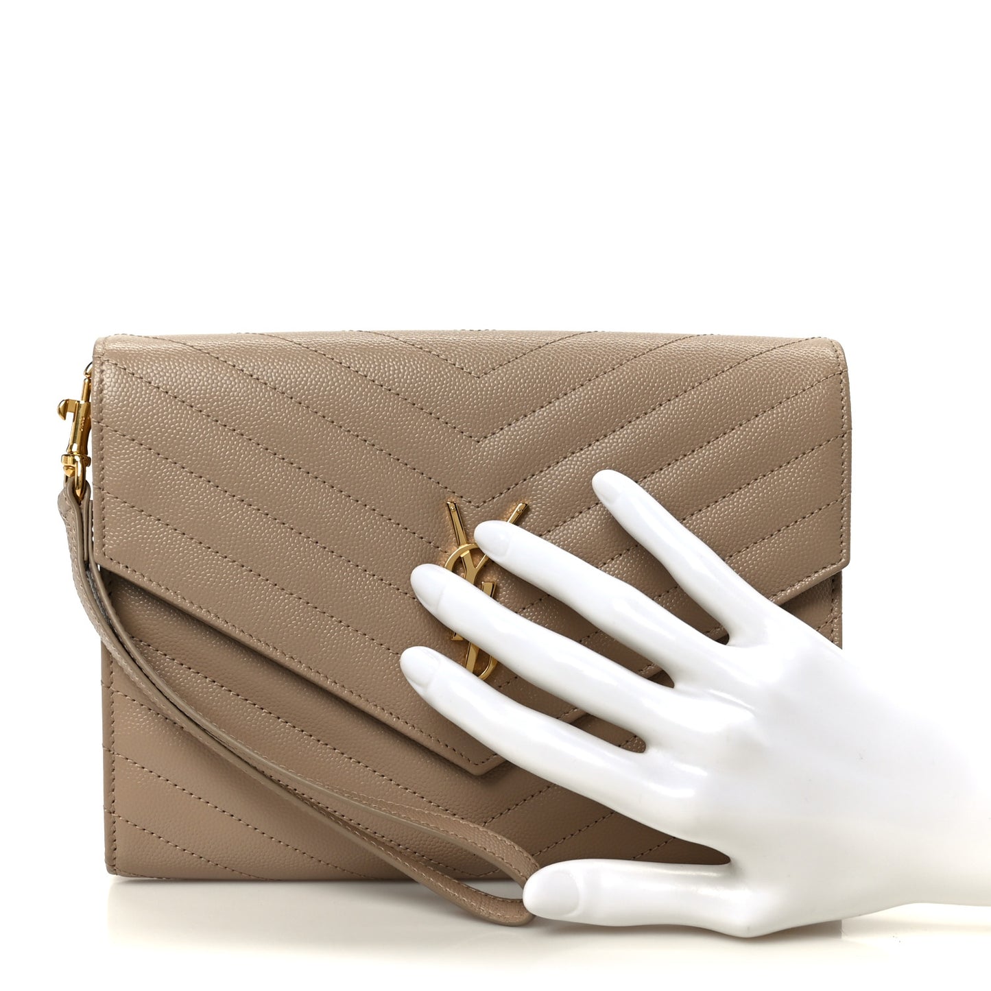 Grain De Poudre Matelasse Chevron Monogram Cassandre Flap Pouch Dark Beige