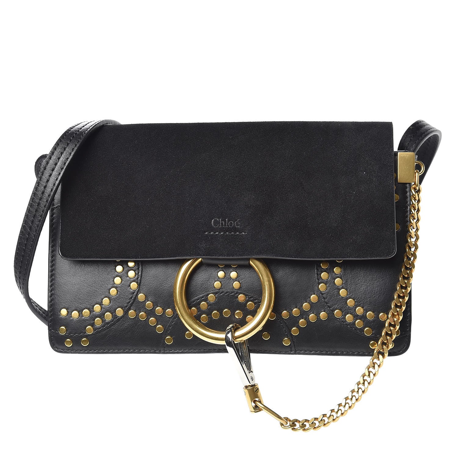 Chloe Suede Calfskin Studded Small Faye Shoulder Bag Black 1 of 10