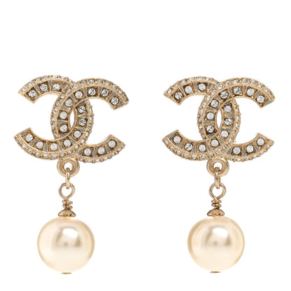 Chanel Crystal Pearl CC Drop Earrings Gold 1 of 5