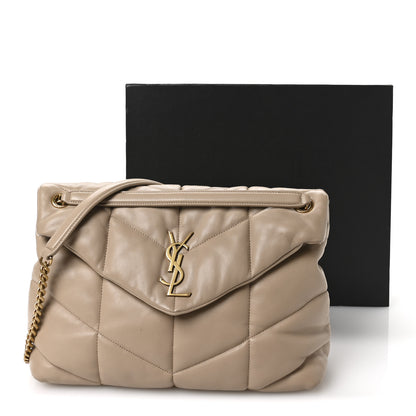 Saint Laurent Lambskin Quilted Medium Loulou Puffer Monogram Chain Satchel Dark Beige 20 of 21