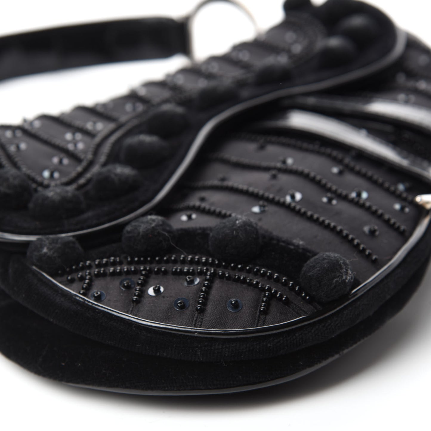 Velvet Nylon Pom Pom Saddle Bag Black