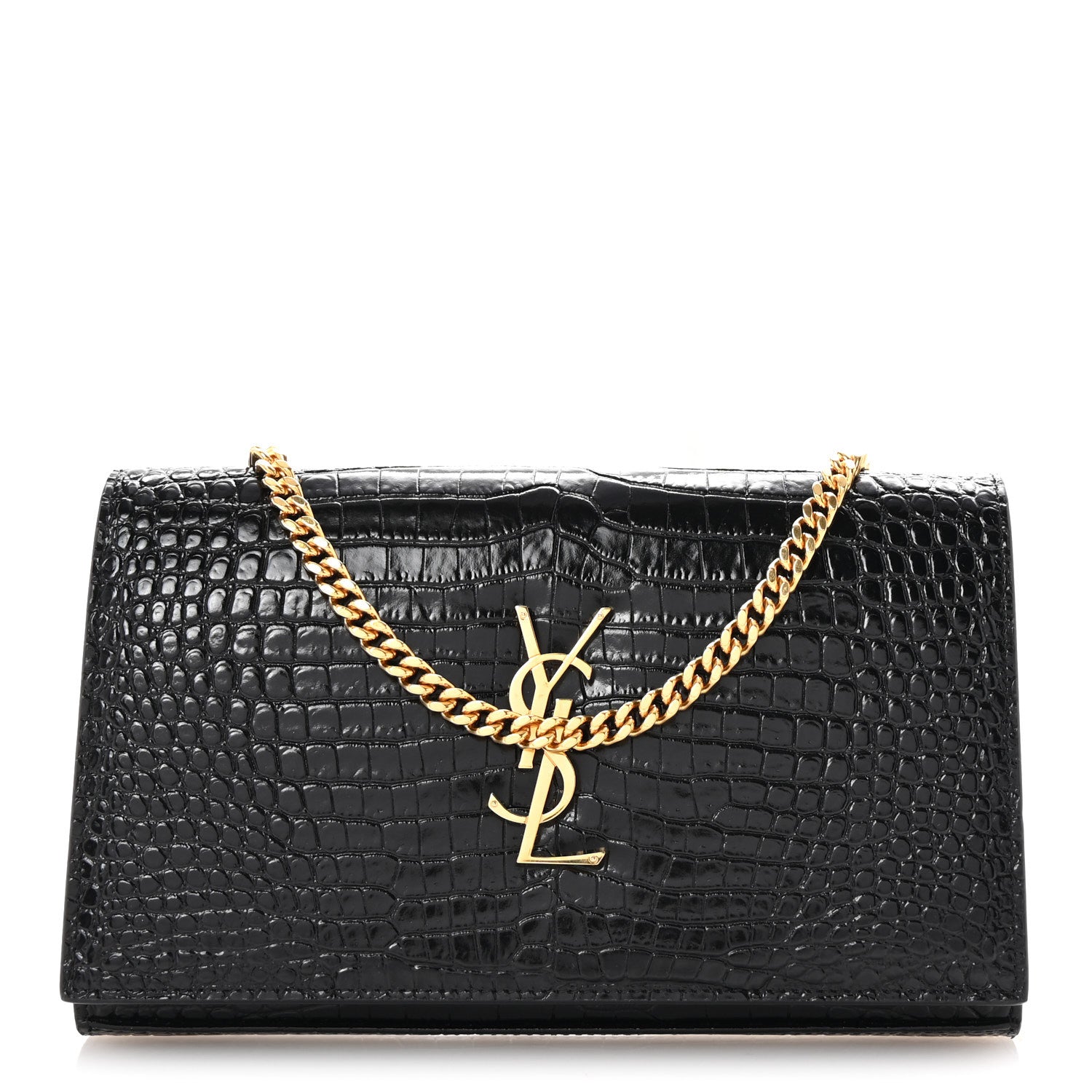 Saint Laurent Calfskin Crocodile Embossed Cassandre Wallet On Chain WOC Black 1 of 10