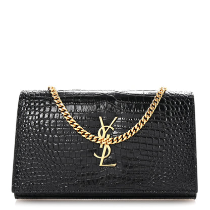 Saint Laurent Calfskin Crocodile Embossed Cassandre Wallet On Chain WOC Black 1 of 10