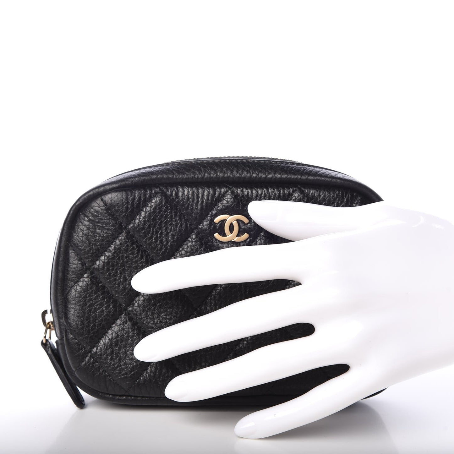 Grained Calfskin Quilted Small Curvy Pouch Cosmetic Case Black