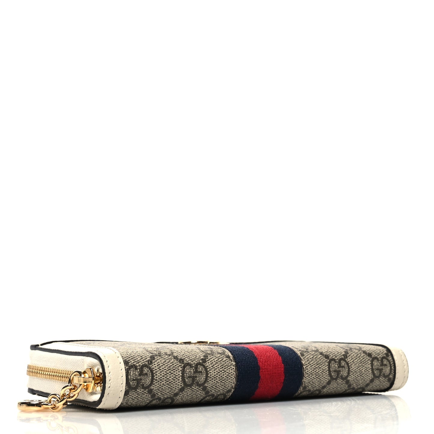 GG Supreme Monogram Textured Dollar Calfskin Web Ophidia Zip Around Wallet Beige Ebony Mystic White