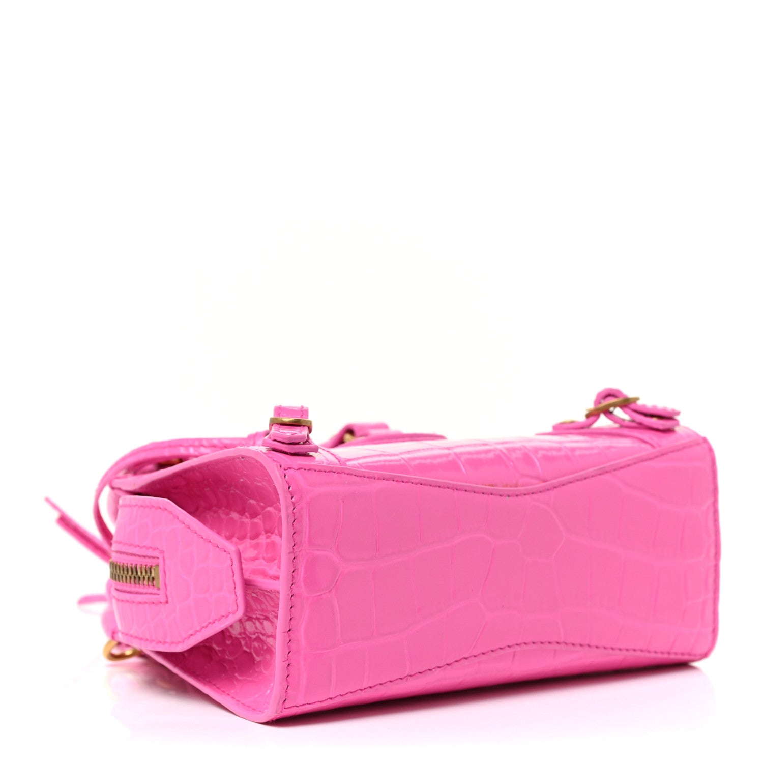 Balenciaga Calfskin Crocodile Embossed Neo Classic Gold Hardware Nano City Crossbody Neon Pink 4 of 22