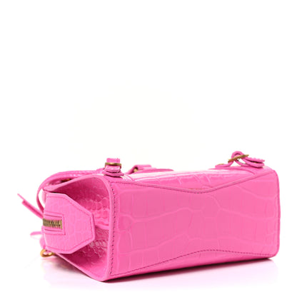 Balenciaga Calfskin Crocodile Embossed Neo Classic Gold Hardware Nano City Crossbody Neon Pink 4 of 22