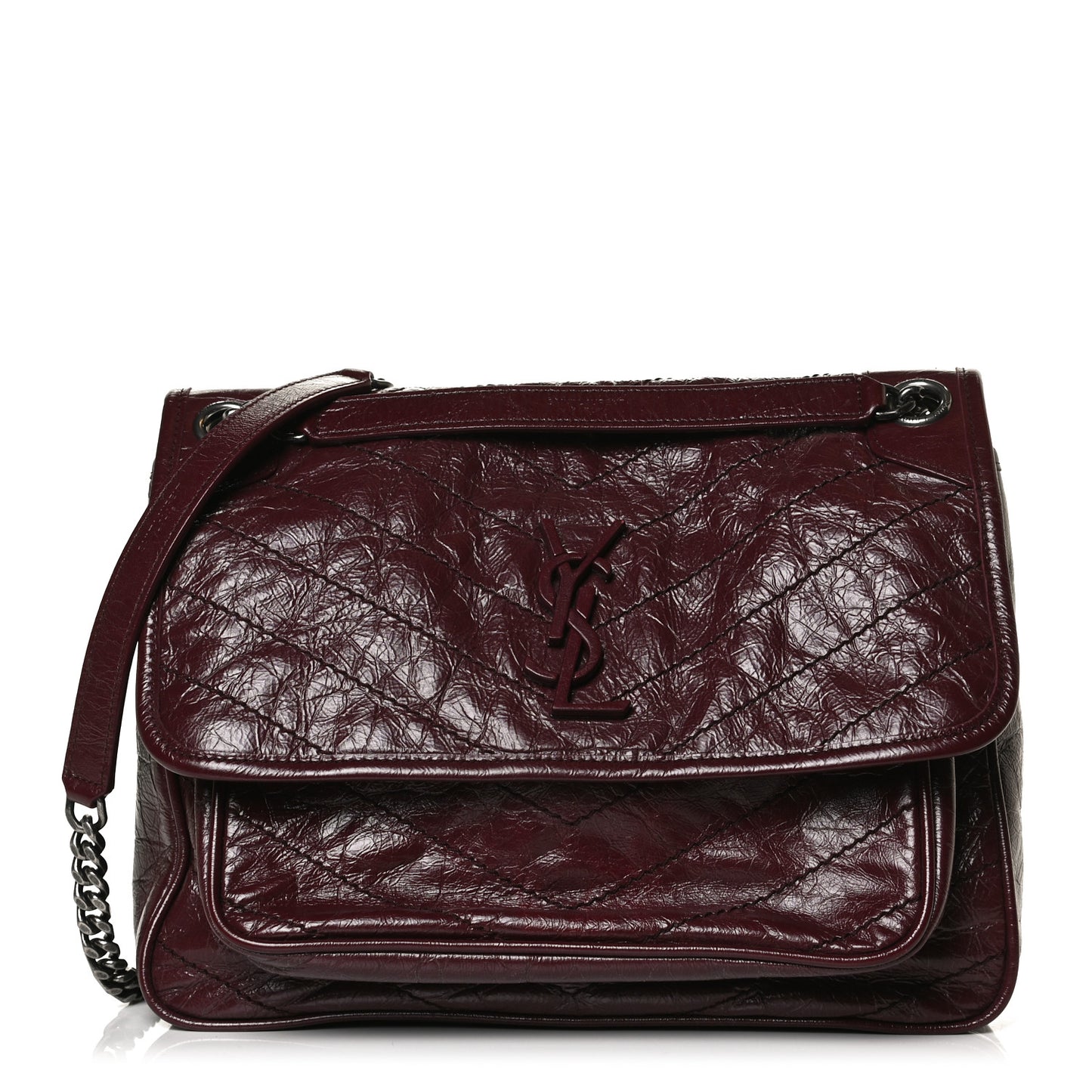 Crinkled Calfskin Matelasse Monogram Medium Niki Chain Satchel Burgundy