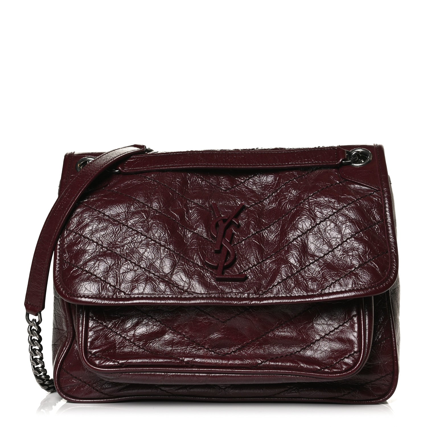 Saint Laurent Crinkled Calfskin Matelasse Monogram Medium Niki Chain Satchel Burgundy 1 of 13