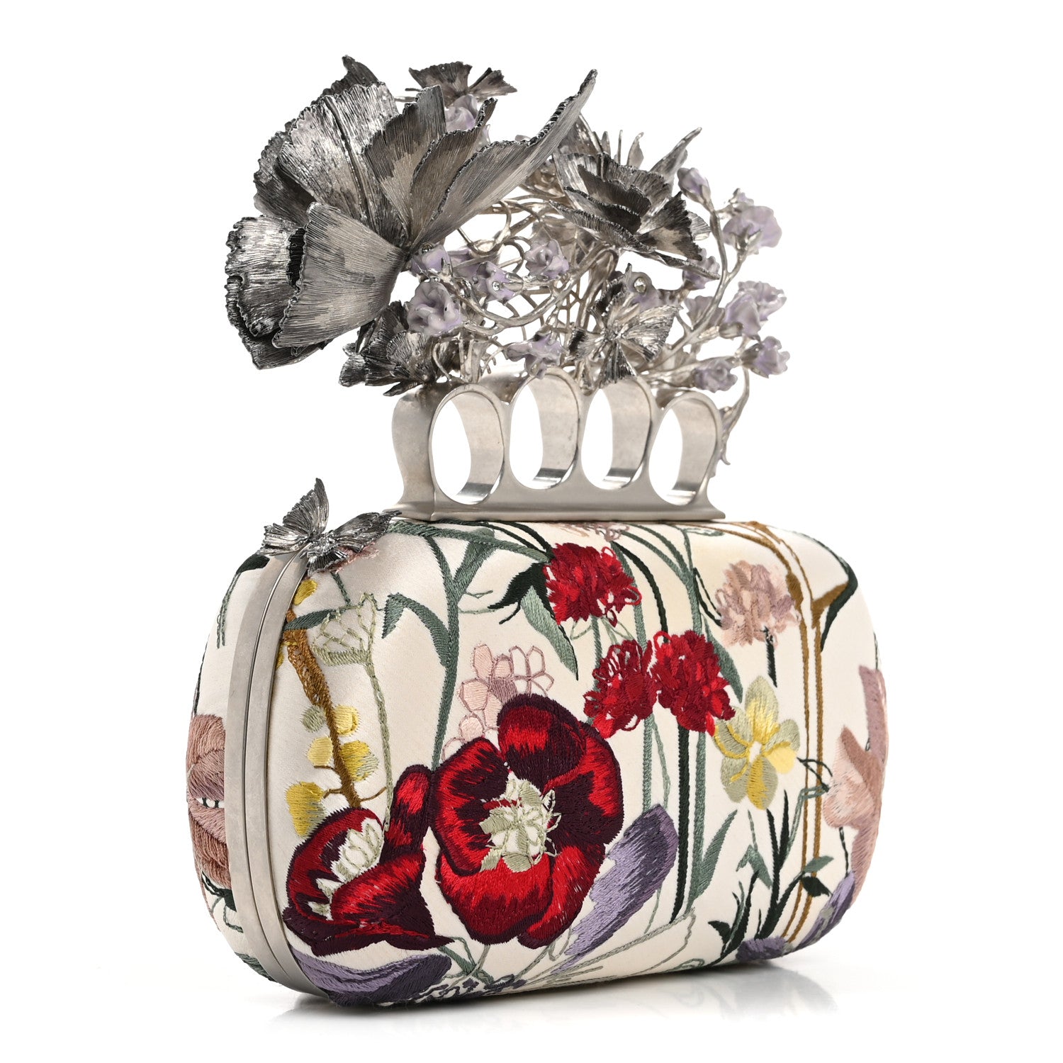 Alexander McQueen Satin Embroidered Flower Butterfly Knuckle Duster Box Clutch White Multicolor 3 of 15