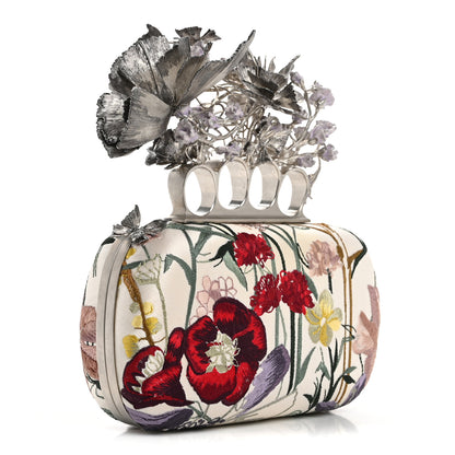 Alexander McQueen Satin Embroidered Flower Butterfly Knuckle Duster Box Clutch White Multicolor 3 of 15