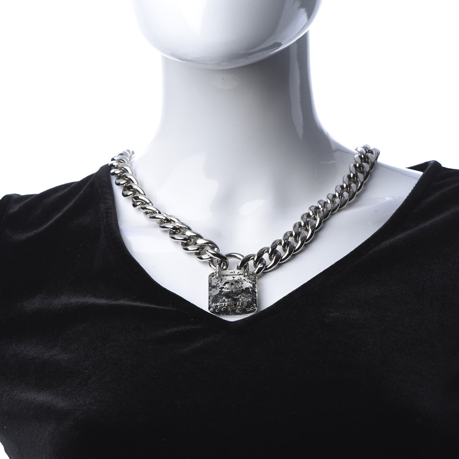 Chanel Resin CC Oversized Padlock Chain Necklace Silver Pearly White 2 of 6