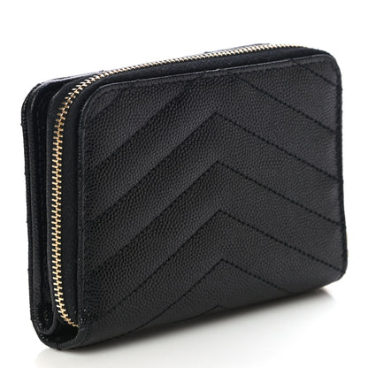 Saint Laurent Grain De Poudre Matelasse Chevron Monogram Compact Zip Around Wallet Black 3 of 11