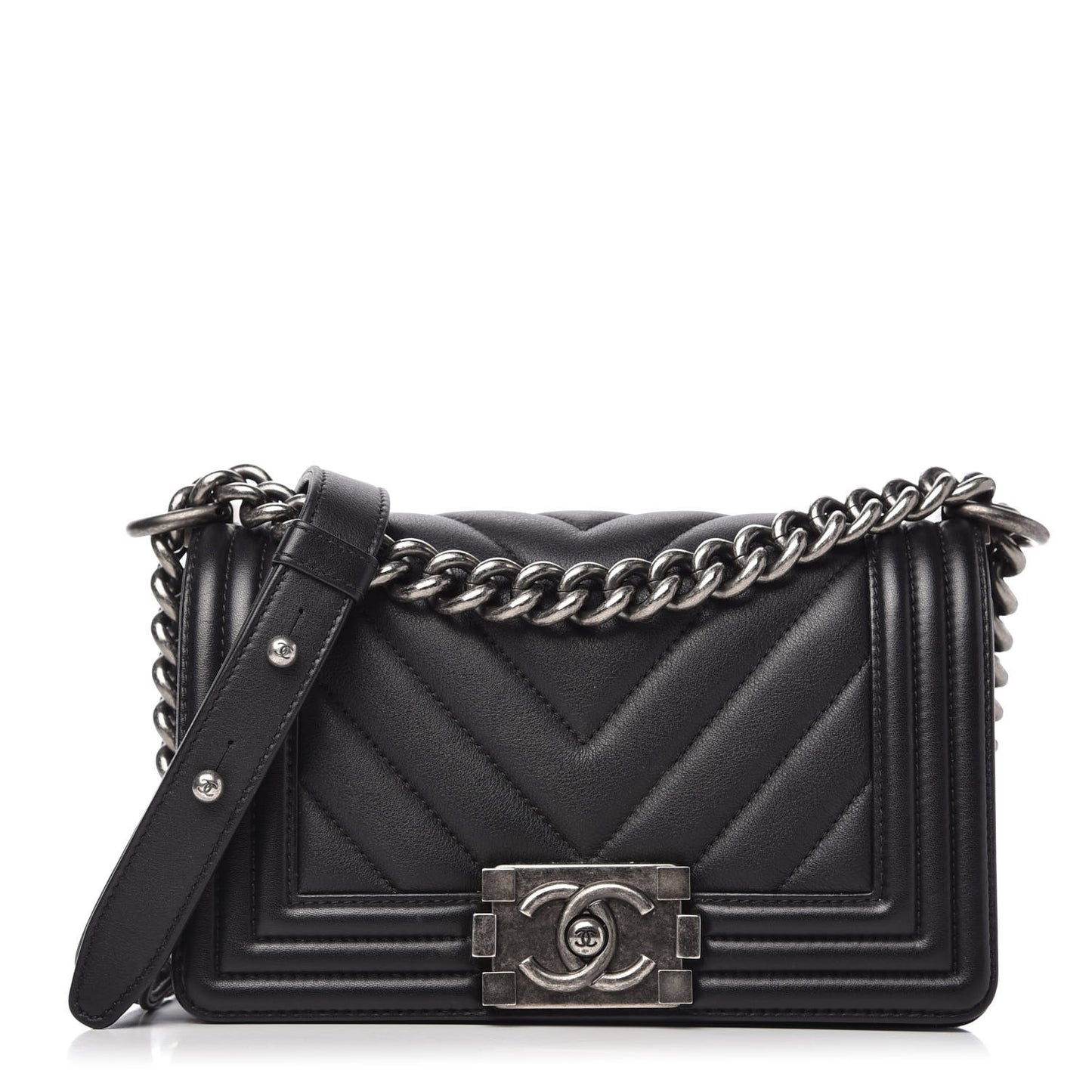 Calfskin Chevron Quilted Small Boy Flap Black