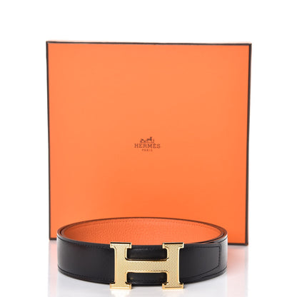 Hermes Box Togo 32mm Guilloche H Belt 85 Black Orange 8 of 8