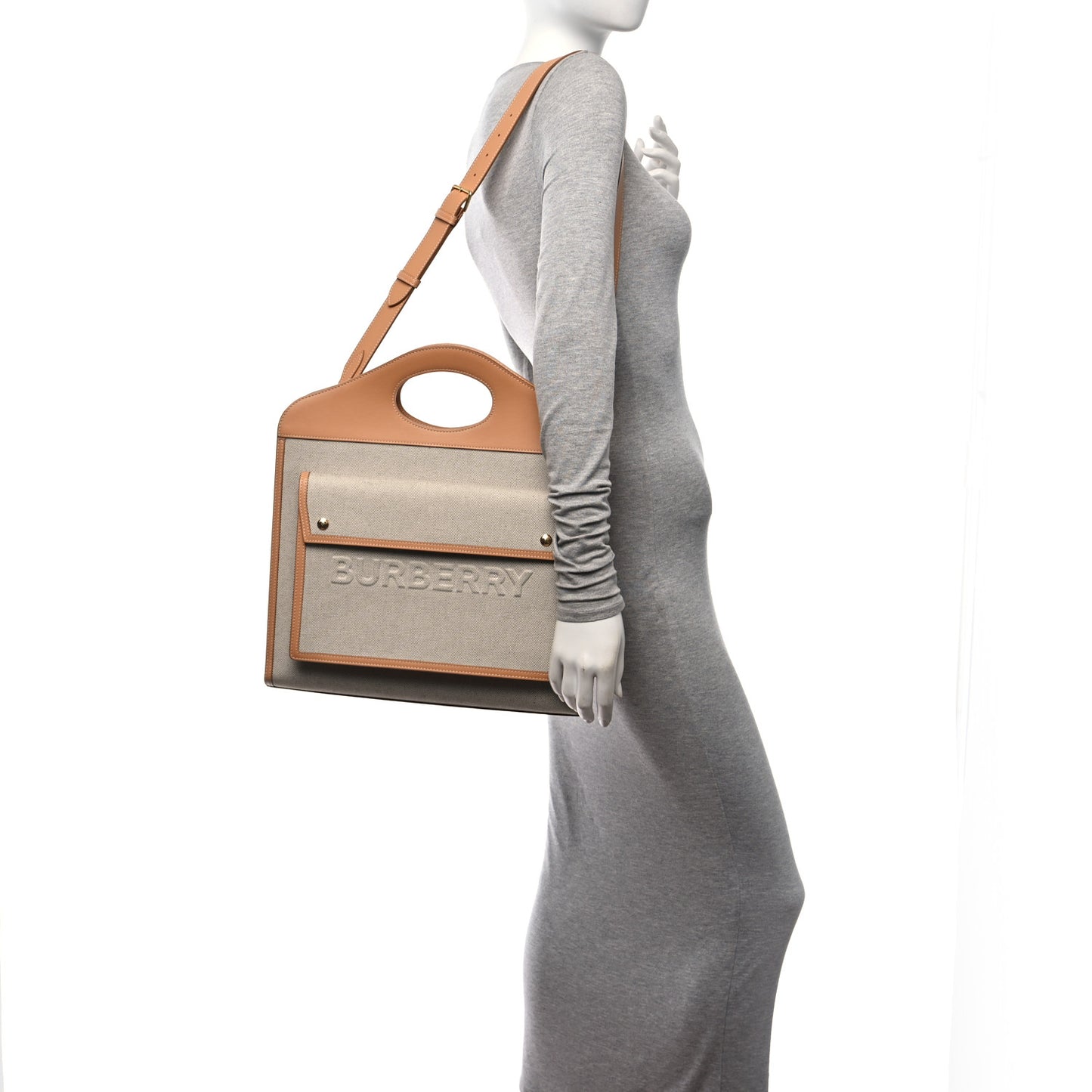 Canvas Smooth Calfskin Two Tone Medium Pocket Bag Soft Fawn Warm Sand