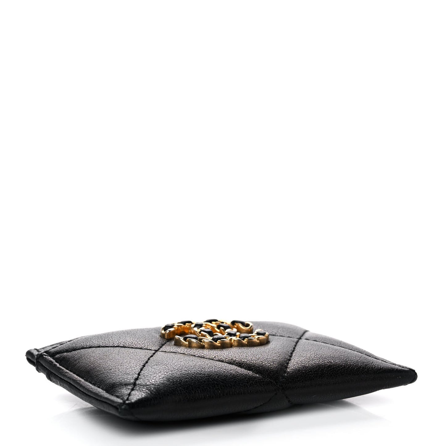 Shiny Goatskin Quilted Chanel 19 Card Holder Black