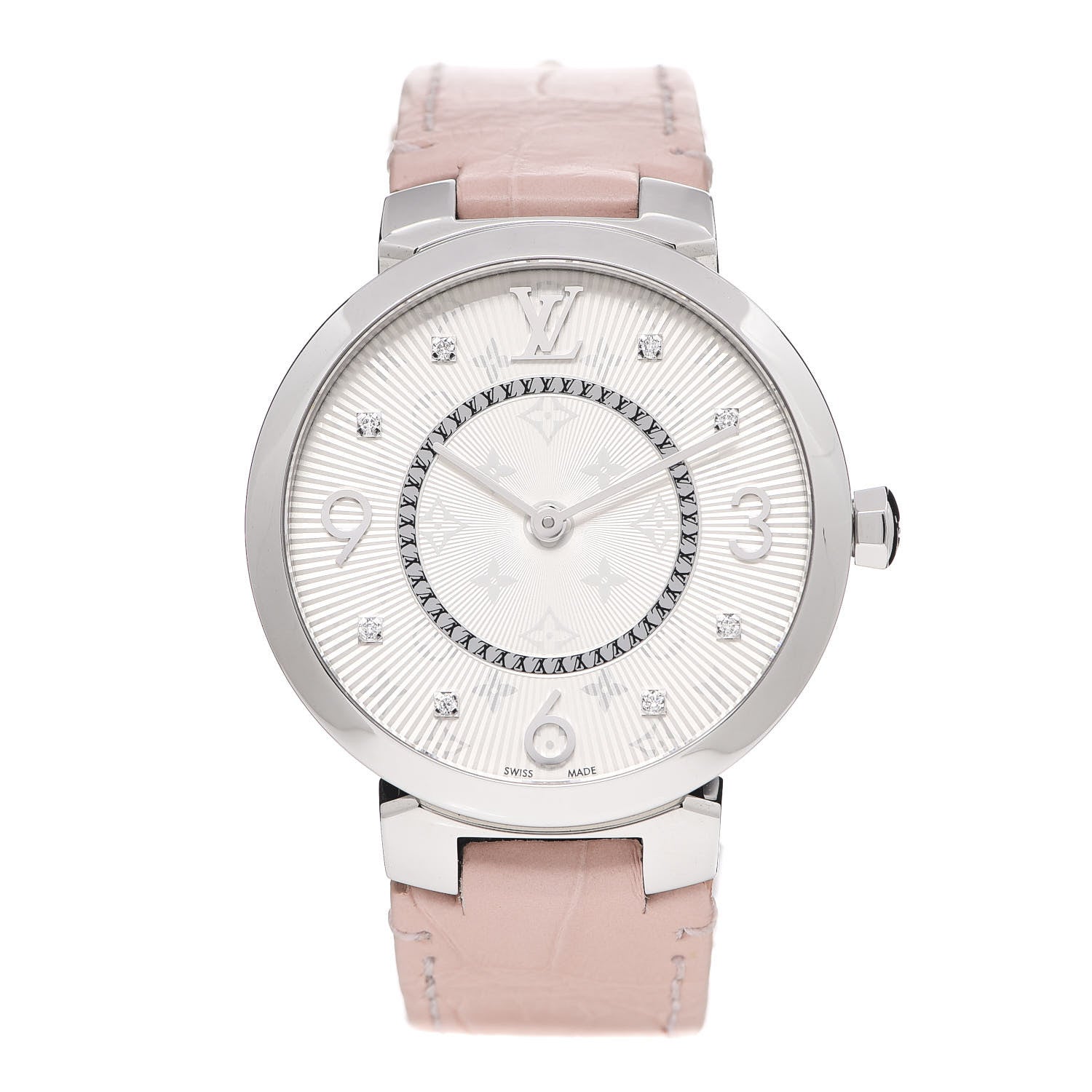 Louis Vuitton Stainless Steel Alligator Diamond 33mm Tambour Slim Quartz Watch 1 of 8