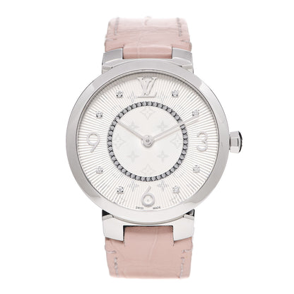 Louis Vuitton Stainless Steel Alligator Diamond 33mm Tambour Slim Quartz Watch 1 of 8