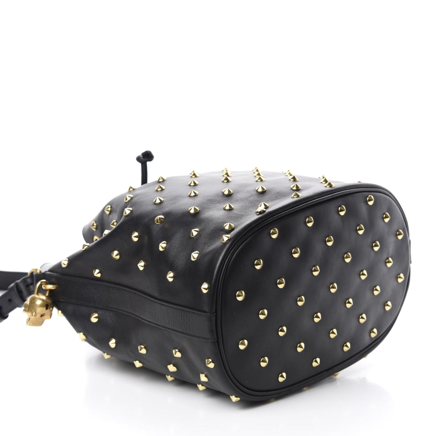 Calfskin Studded Padlock Bucket Bag Black