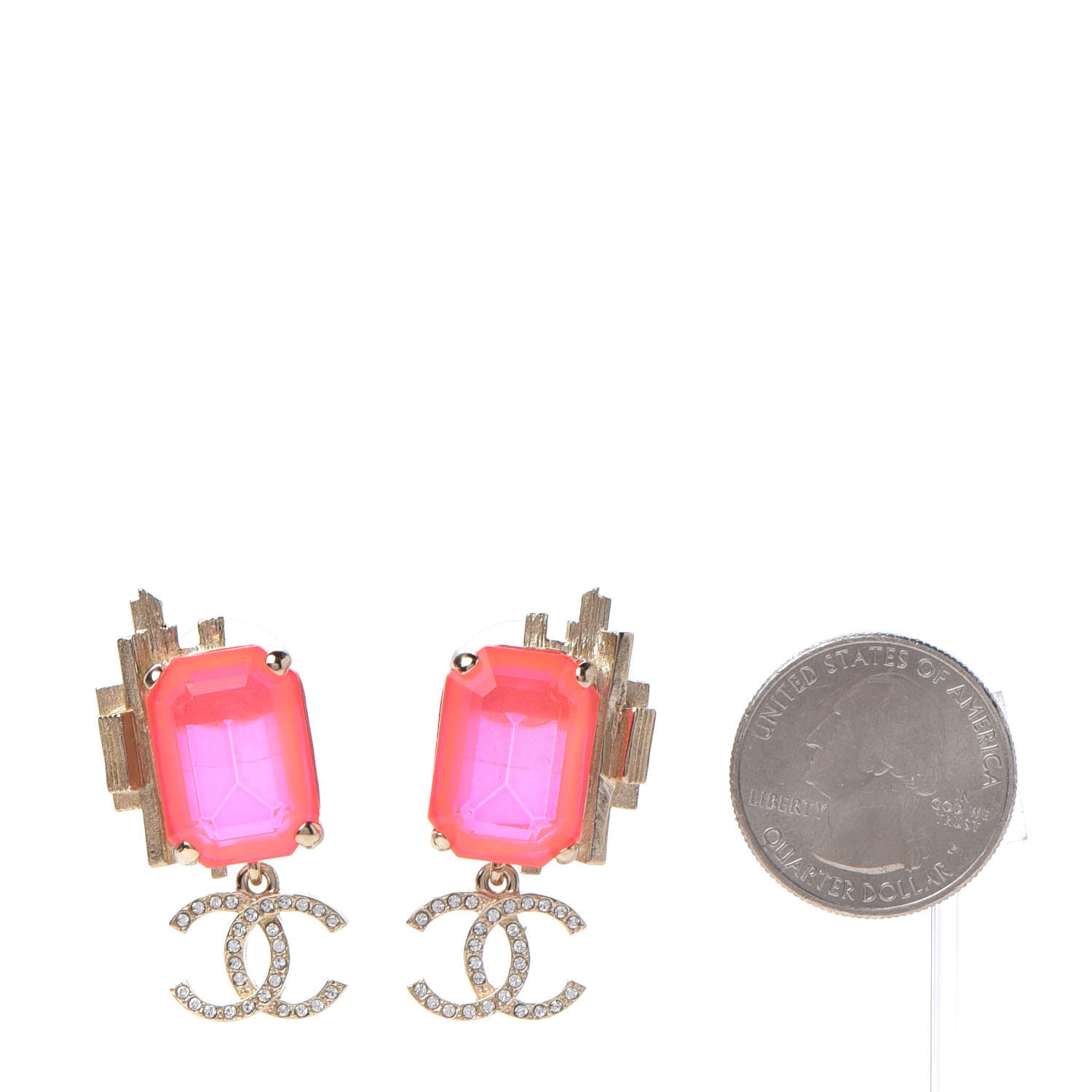 Chanel Metal Crystal CC Earrings Gold Pink 2 of 5